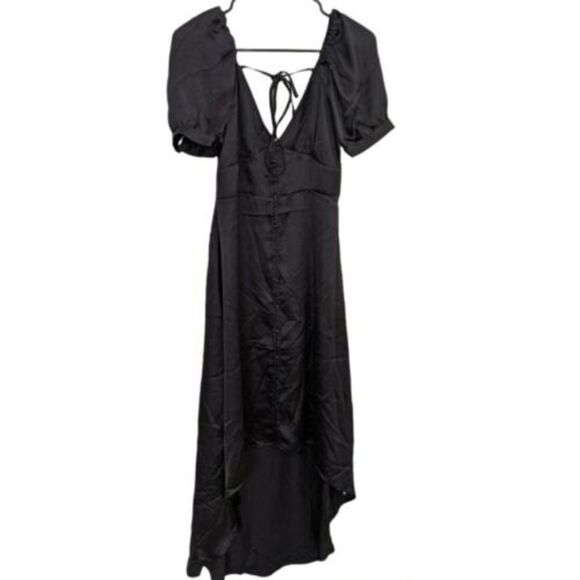 Forever 21 Small Black Button Front Hi-Lo V-Neck Short Sleeve Dress - Picture 2 of 11
